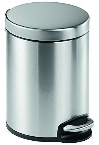 Durable Pedal Bin Stainless Steel Round, 5 Litre Capacity, Silent Closing Lid, Perfect For Offices, Kitchens, Bathrooms, Silver, image of a sleek, silver stainless steel pedal trash can with a foot pedal at the base for hands-free opening.