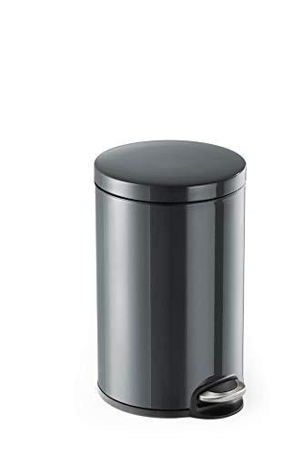 Durable Pedal Bin Metal Round - 12 Litre Capacity - Silent Closing Lid - Ideal for Offices, Warehouse, Bathrooms, etc - Dark Charcoal Colour, shown as a sleek, modern metal trash can with a pedal and a silent closing lid.