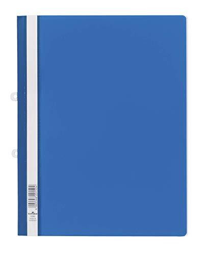 Durable Clear View A4 Document Folder Blue, transparent front cover with packing of 25 folders for holding punched A4 documents.