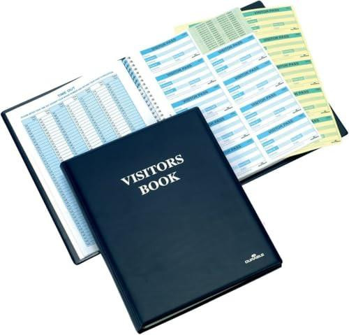 Durable Visitor Book 300 - Elegant Leather Look Finish for Professional Use - Includes 300 Perforated 90 x 60 mm Badge Inserts - GDPR Compliant Visitor Management, with open pages showing visitor logs and badge insert sheets.