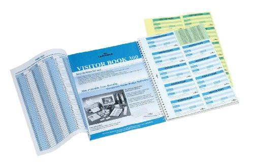 Durable Visitor Book 300 Refill Pack, open refill book showing visitor logs and 300 perforated badge inserts for professional visitor management and GDPR compliance.