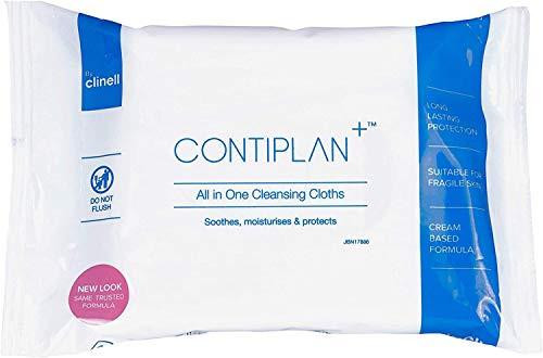 Contiplan Incontinence Cleansing Cloths - Dermatologically Tested and Easy to Use, package of 8 cloths with blue and white design, featuring product details and suitability for sensitive skin.