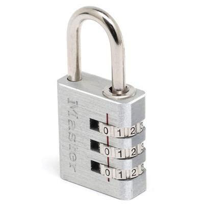 Master Lock 7630EURD 30mm Resettable Aluminium Combination Padlock, close-up of the padlock with a silver body and a U-shaped shackle.