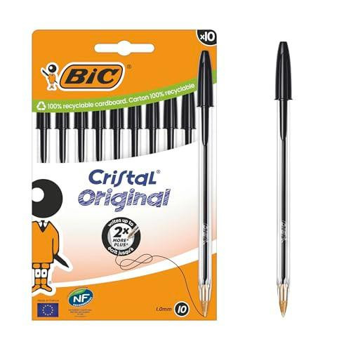 Bic Cristal Original Ballpoint Pens Medium Tip (1 mm) Black, Box of 10, with one pen displayed outside the packaging, showcasing the sleek black barrel and transparent section highlighting ink level.