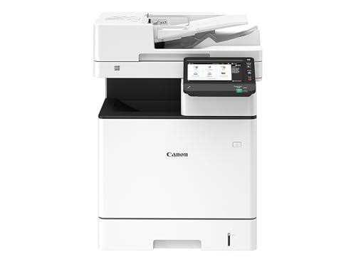 Canon i-SENSYS MF842Cdw All-in-One Colour Laser Printer, front view showing A4 printer with touchscreen display, wireless and network connectivity, designed for office use with printing, copying, scanning, faxing, and automatic document feeder features.