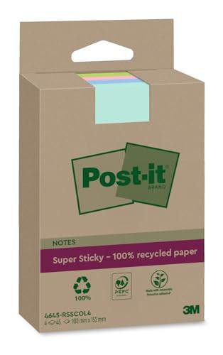 Post-it Super Sticky 100% Recycled Notes XXL, Assorted Colors, Lined - Pack of 4 Pads, 45 Sheets each, 102 mm x 152 mm, eco-friendly extra sticky notes made from recycled paper, shown in product packaging with green Post-it logo