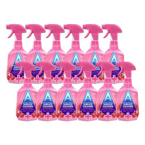 Astonish Special Aromatic Edition Multi-Purpose Anti-Bacterial Surface Cleanser Spray, Pomegranate and Raspberry Scent, 750ml, 12 pack, in pink spray bottles with label designs featuring berries and medical symbols.