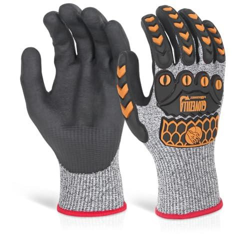 Beeswift Glovezilla Nitrile Palm and PVC Back Coated Gloves, black and grey safety work gloves with orange accents, cut and tear resistant, protective PPE workwear gloves, size medium.