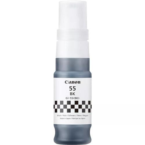 Canon GI-55BK ink bottle black, a small cylindrical black and white ink bottle with a white cap and a label displaying product details.