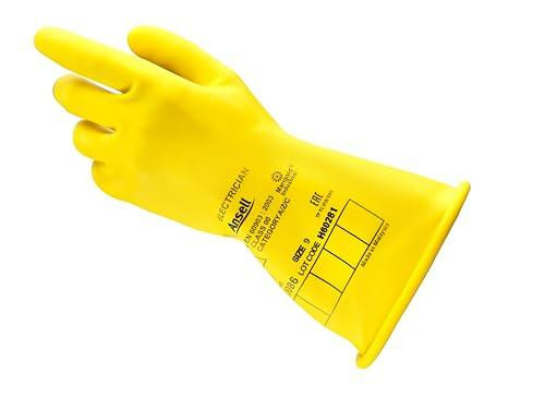 Ansell ActivArmr Electrician Work Gloves, electrical protection class 0 (1000V), insulated natural rubber latex gloves for industrial safety, 14 inches long, yellow color, size 2XL, shown in the image.