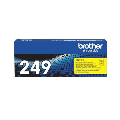 BROTHER TN-249Y Toner Cartridge, Yellow, Single Pack, Ultra High Yield, Includes 1 x Toner Cartridge, Genuine Supplies, in blue packaging with yellow label and large '249' print.