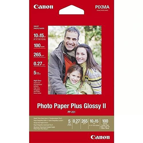 Canon Photo Paper Plus Glossy II PP-201 4x6 inch Pack of 100, high glossy photo paper with vibrant prints, ideal for printing colorful photos in a compact size.