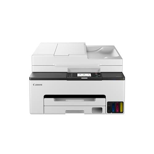Canon MAXIFY GX2050 Wireless Colour All-in-One Refillable MegaTank Inkjet Printer, white multi-function printer with flatbed scanner, paper tray, and color ink tank, suitable for home office use.