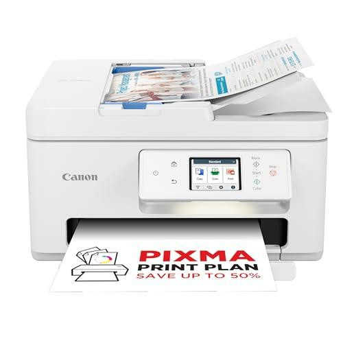 Canon PIXMA TS7750i Wireless Colour 3-in-1 Inkjet Photo Printer, showing A4 print, copy, scan functions with a document being printed, Wi-Fi and USB connectivity options, and borderless photo printing capability.
