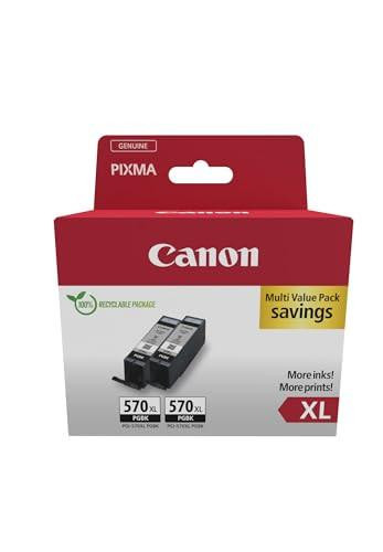 Canon PGI-570 XL TWIN Pack of 2 cartridges, black XL ink cartridges in recycled cardboard multipack with genuine branding, suitable for high-volume printing.
