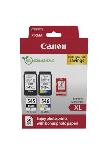 Canon PG-545 XL and CL-546 XL Value Pack of 2 ink cartridges with bonus 50 sheets of 10x15cm photo paper, genuine recycled cardboard multipack, black and color XL ink cartridges for printing photos and documents.