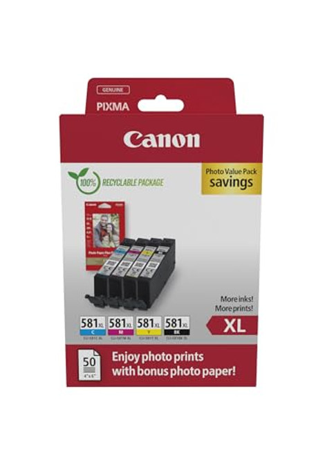 Canon CLI-581 XL C M Y BK Pack of 4 cartridges Yield XL (Black XL Cyan XL Magenta XL Yellow XL) Genuine (Recycled Cardboard Multipack)