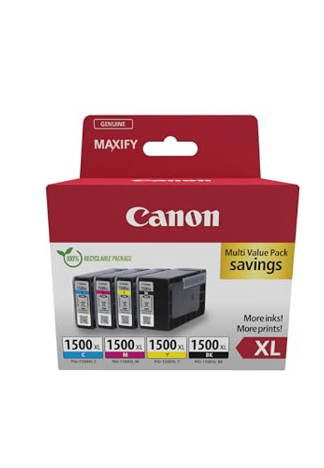Canon PGI-1500 XL C M Y BK Pack of 4 cartridges Yield XL (Black XL Cyan XL Magenta XL Yellow XL) Genuine (Recycled Cardboard Multipack)