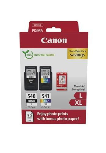 Canon PG540 L CL541 XL VALUE Pack of 2 ink cartridges, black and color XL, with 50 sheets of 10x15cm recycled photo paper for high-quality photo printing.