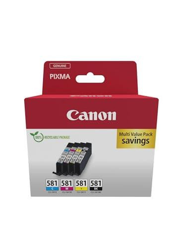 Canon CLI-581 C M Y BK Pack of 4 cartridges, genuine recycled cardboard multipack, featuring black, cyan, magenta, and yellow ink cartridges, for high-quality printing.