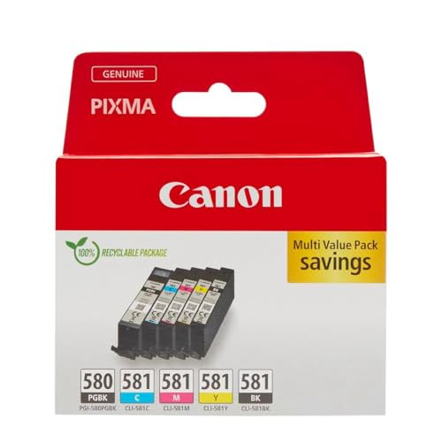 Canon Ink Multipack - PGI-580/CLI-581 Genuine Printer Ink Cartridges 5 Pack (1 x Black, 1 x Cyan, 1 x Magenta, 1 x Yellow & 1 x Office Black Colour) - Compatible with PIXMA TR & TS