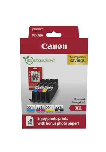 Canon CLI-551 XL C M Y BK Pack of 4 cartridges, genuine recycled cardboard multipack with four ink cartridges in cyan, magenta, yellow, and black XL ink, designed for high-quality photo printing.