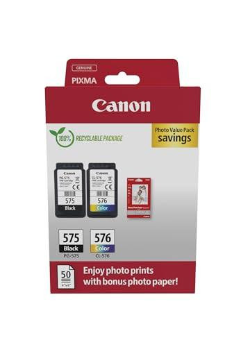 Canon PG-575 / CL-576 Genuine Ink Cartridges Pack of 2 with 50 sheets of 4x6 Photo Paper - Cardboard Multipack, image of the ink cartridges and photo paper in retail packaging.