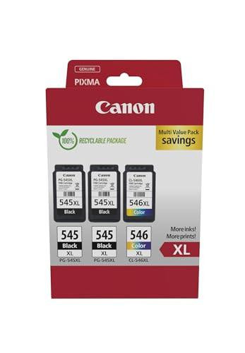 Canon PG-545XL x 2 and CL-546XL High-Yield Genuine Ink Cartridges, Pack of 3, including 2 black and 1 color cartridges, in a cardboard multipack.