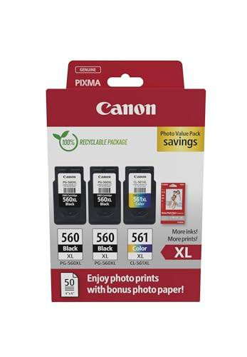 Canon PG-560XL x 2 / CL-561XL High Yield Genuine Ink Cartridges Pack of 3 with 50 sheets of 4x6 photo paper, cardboard multipack with black and color ink cartridges on packaging.