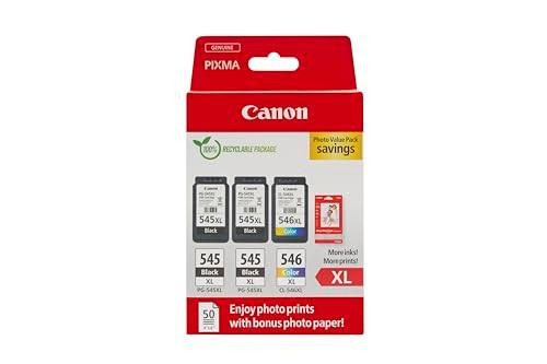 Canon PG-545XL x 2 / CL-546XL High Yield Genuine Ink Cartridges, Pack of 3 including 2 black and 1 color ink cartridges, with a bonus of 50 sheets of 4x6 photo paper in cardboard multipack.