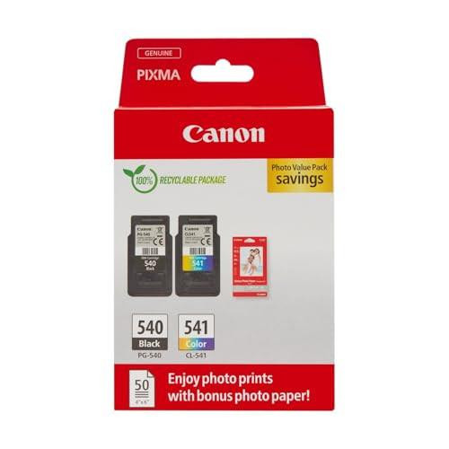 Canon Ink & Paper Multipack - PG-540/CL-541 Genuine Printer Ink Cartridges 2 Pack with 1 Black and 1 Colour ink, plus 50 sheets of 4x6 photo paper, compatible with PIXMA MX, MG & TS series printers.