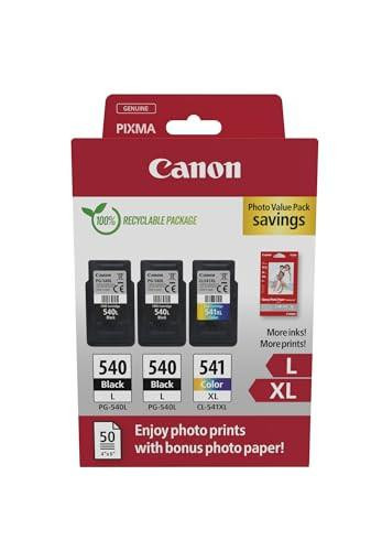 Canon PG-540L and CL-541XL High Yield Genuine Ink Cartridges Pack of 3 with 50 sheets of 4x6 Canon Photo Paper - Cardboard Multipack, product packaging with black and color ink cartridges, and photo paper included.