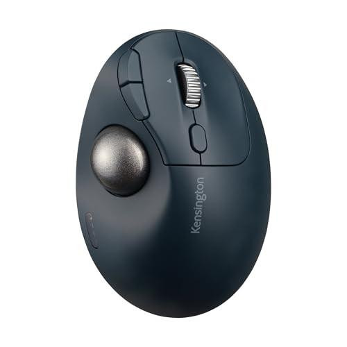 Kensington Pro Fit Ergo TB550 Rechargeable Bluetooth 2.4GHz Ergonomic 34mm Thumb Operated Trackball Mouse with Multi Directional 4D Scroll wheel, Made from 51% Recycled plastic, top view of the dark gray ergonomic trackball mouse with scroll wheel and thumb ball on the side.