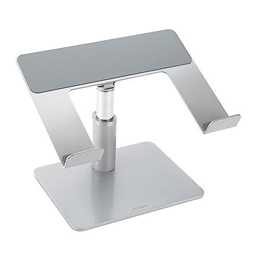 Kensington Universal Tabletop Laptop Riser for Screens up to 16 inches, ergonomic height and angle adjustable laptop stand with open ventilation, under-base storage, and anti-slip silicone pads, silver-colored.