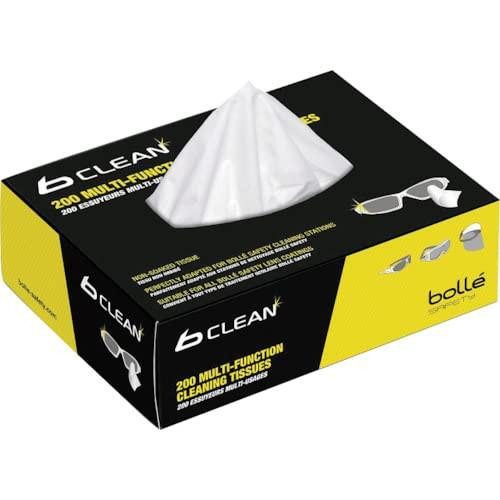 Bolle Box of Multifunctional Tissues, a yellow and black box containing 200 anti-bacterial and anti-static glasses cleaning tissues with a tissue partially pulled out.