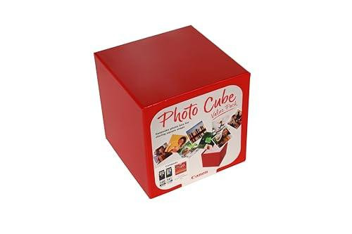 Canon Photo Cube Value Pack - PG-540 + CL-541 Ink Cartridges + PP-201 Glossy II Photo Paper 5x5 (40 Sheets) - Compatible PIXMA Printers, red photo cube packaging with product details on the label.