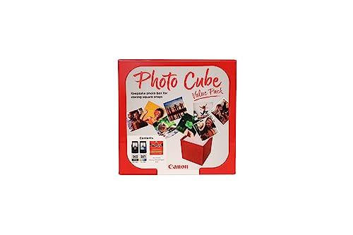 Canon Photo Cube Value Pack - PG-560 + CL-561 Ink Cartridges + PP-201 Glossy II Photo Paper 5x5 (40 Sheets) - Compatible PIXMA Printers, box of photo printing accessories with colorful images of printed photos on the front.