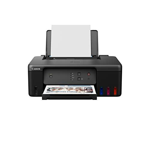 Canon PIXMA G1530 Colour Refillable MegaTank Printer, modern black printer actively printing documents on A4 paper, compatible with Mac, Windows, Chrome, ideal for home use, features 100-sheet capacity and economy mode.