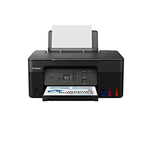 Canon PIXMA G2570 Colour 3-in-1 Refillable MegaTank Printer, compact black printer with LCD display, multiple function buttons, paper tray with printed photos, and color ink cartridges at the front, suitable for home use.