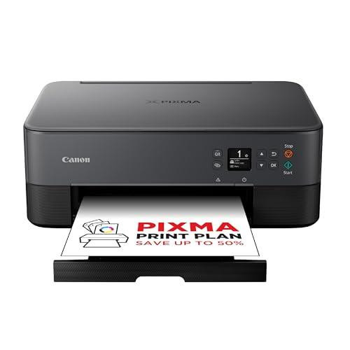 Canon PIXMA TS5350i 3-In-1 Wireless Home Office Printer, Copier, & Scanner - PIXMA Print Plan Compatible - Borderless Photo Printing - Wireless & Smartphone Print/Scan via Cloud Storage, compact gray printer with printed photo emerging from the tray.