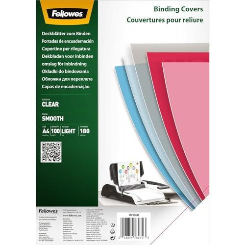 Fellowes Clear PET Binding Cover 180 Micron (A4) - Pack of 100, image of colorful binding covers in red, blue, and transparent colors for binding documents.