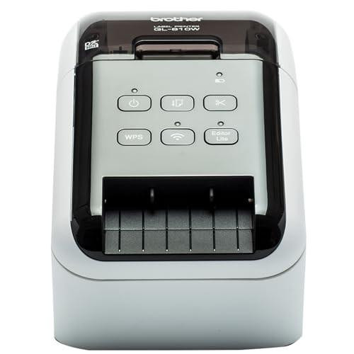 Brother QL810Wc High Speed Desktop Label Printer, USB 2.0, Address Labelling, Wide Format 4 Inch Labels, UK Plug, front view of the compact, white label printer with control buttons and printing area.