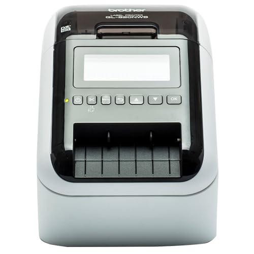 Brother QL820NWBc High Speed Desktop Label Printer | Wireless/USB 2.0| Address Labelling | Wide Format 4 Inch Labels | UK Plug, front view of the black and white label printer with LCD display and control buttons.