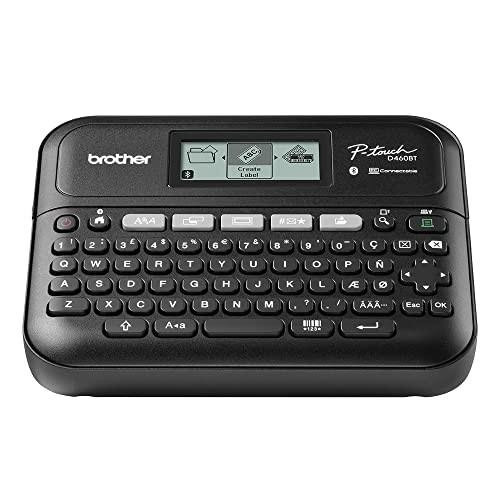 Brother PT-D460BT Versatile Desktop Label Printer, black device featuring a QWERTY keyboard, small LCD screen, and labeled buttons for creating durable labels up to 18mm wide with UK plug connectivity.