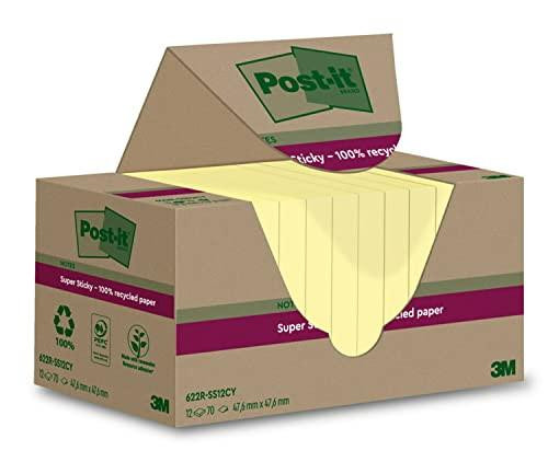 Post-it Self-Stick Note, Notebook, 12 Pads x 70 Sheets each, 47.6 mm x 47.6 mm, Canary Yellow, Extra Sticky, 100% Recycled, displayed in an open box showing sticky notes inside.