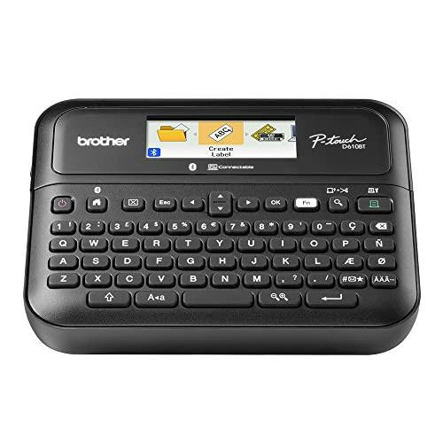 Brother PT-D610BT Versatile Desktop Label Printer, compact black desktop label maker with QWERTY keyboard, color display screen, and highly durable labels up to 24mm wide, UK plug included.