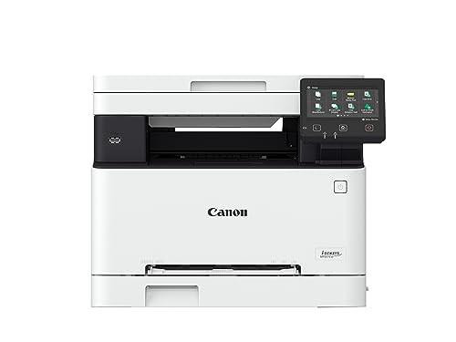 Canon i-SENSYS MF651Cw Wireless Colour Multifunction Laser Printer, front view of the A4 office printer with LCD touch screen and Wi-Fi connectivity for print, copy, and scan functions.