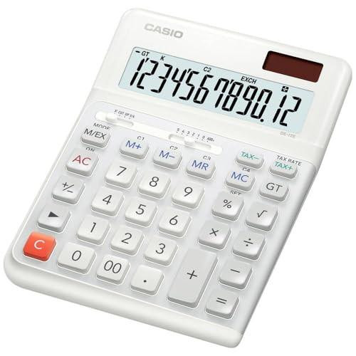 CASIO DE-12E-WE Big Ergonomic Desk Calculator 12-Digit, white calculator with large display and ergonomic design.