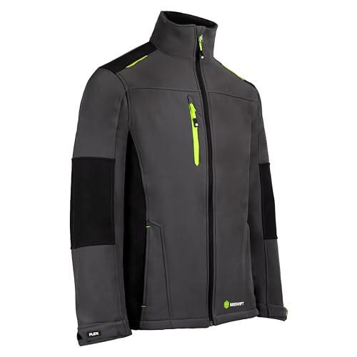 BeeSwift Flex Jacket Softshell Two-Toned Grey/Black Fleece Lined Water Repellent Windproof Large, front view of a men's softshell jacket with grey and black tones, water-resistant fabric, fleece interior, and lime green accents on zippers and logo.