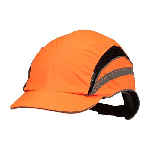 3M First Base 3 Bump Cap 2021874, Classic, High Visibility, Orange Reduced Peak, 55mm, orange high visibility bump cap with reflective stripes and adjustable strap.